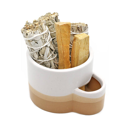 Ceramic Burner w/ Match Slot - White & Brown