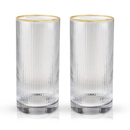 Deco Meridian Gold-Rimmed Crystal Highball Glasses -Set of 2