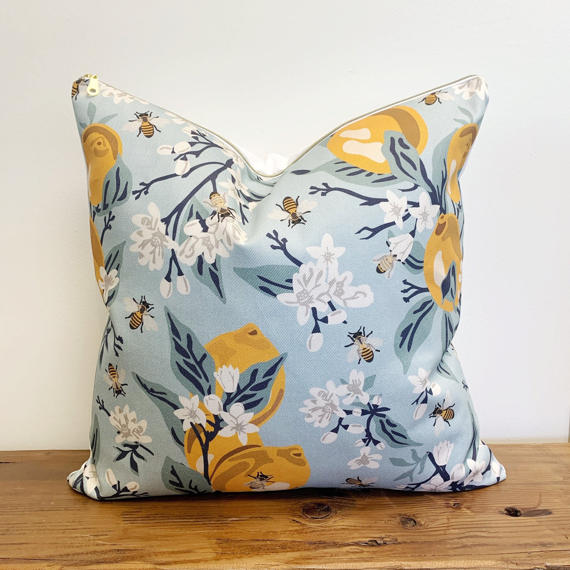 Cover Only | Bees and Lemons | Design by Fern Leslie Studio | Dogwood Denim Accent Pillows | Machine Washable