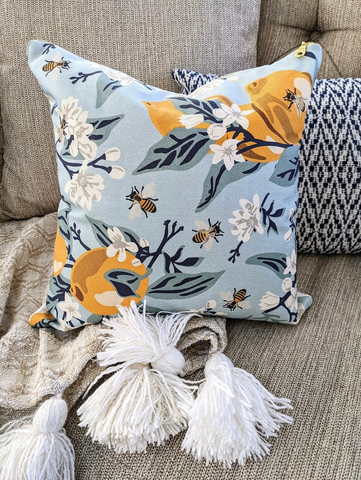 Cover Only | Bees and Lemons | Design by Fern Leslie Studio | Dogwood Denim Accent Pillows | Machine Washable