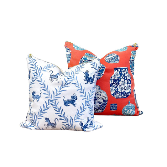 Designer Curated : Little Beasties + Coral blue and white Ginger Jar throw pillows by Danika Herrick