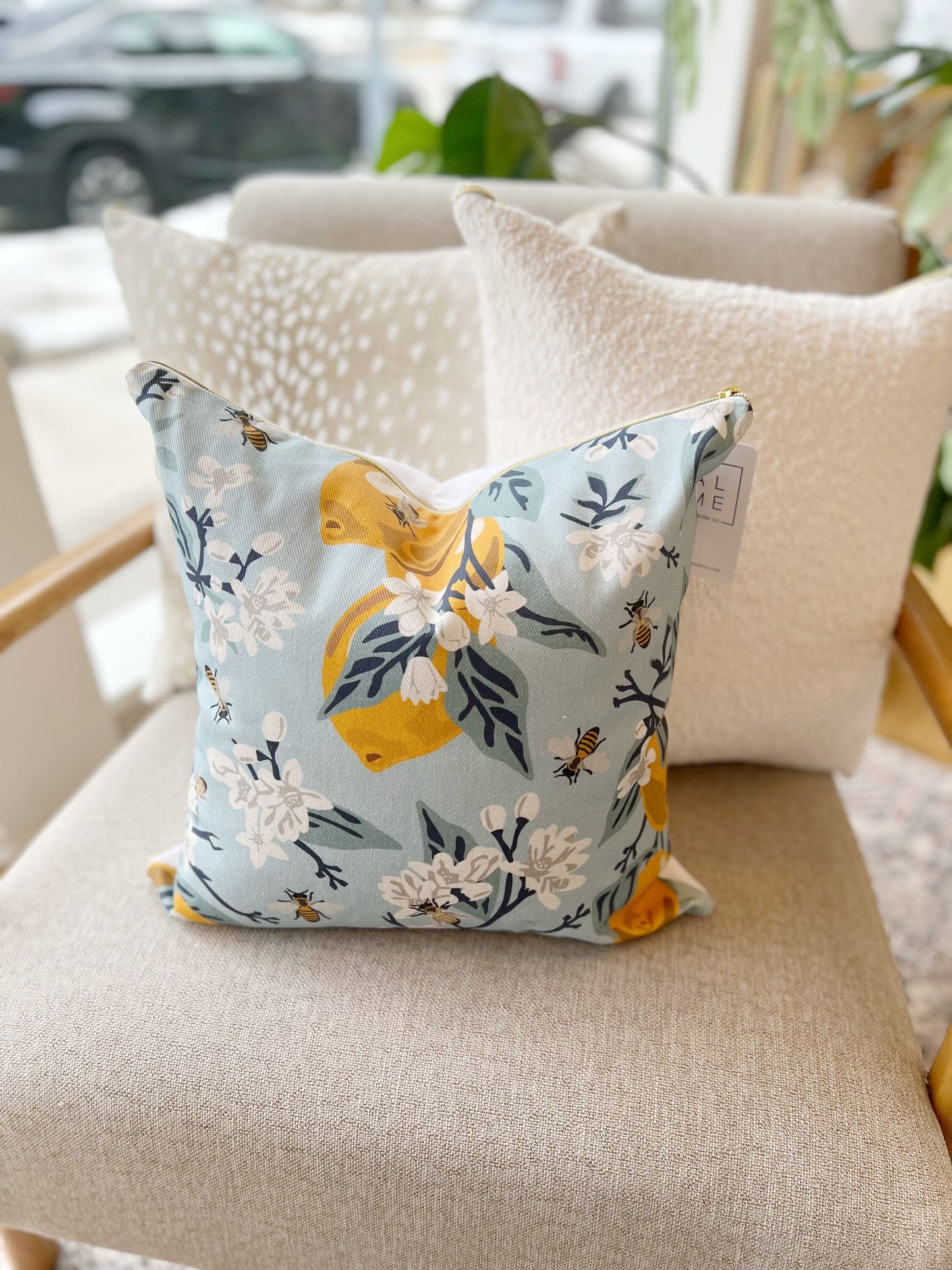 Cover Only | Bees and Lemons | Design by Fern Leslie Studio | Dogwood Denim Accent Pillows | Machine Washable