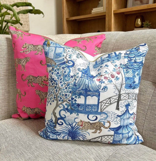 Curated Set | Party Leopards + Pink Leopards | Designed by Danika Herrick | Blue and White Chinoiserie Pillow | Grandmillennial Pillow